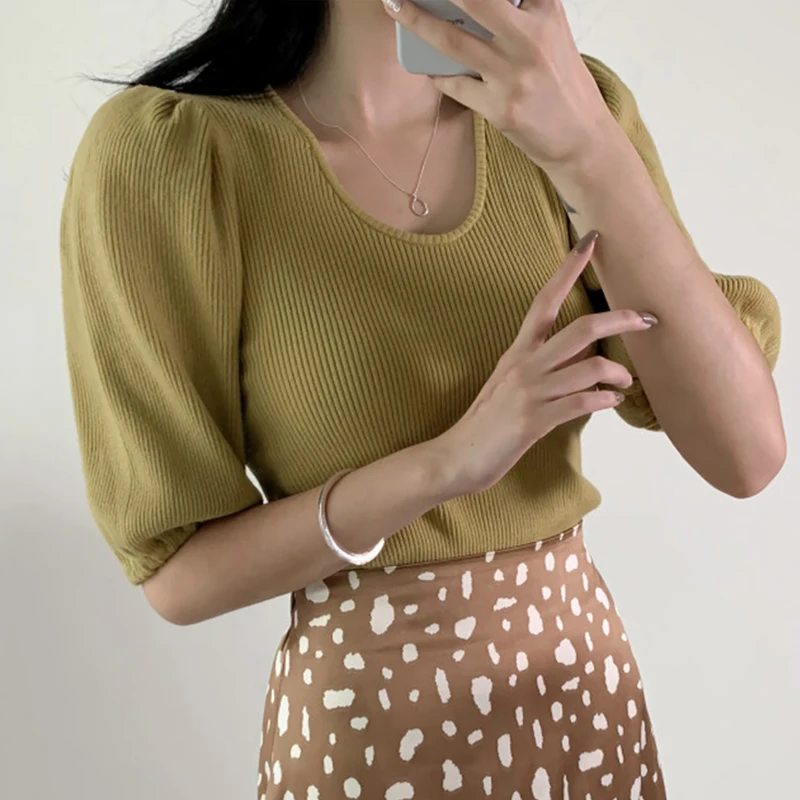 

ZAWAHIKI Summer Korean Elegant Fashion Knitted Pullover O-Neck Puff Sleeve Slim Bodycon Tops Solid Half +sleeve Women Clothing