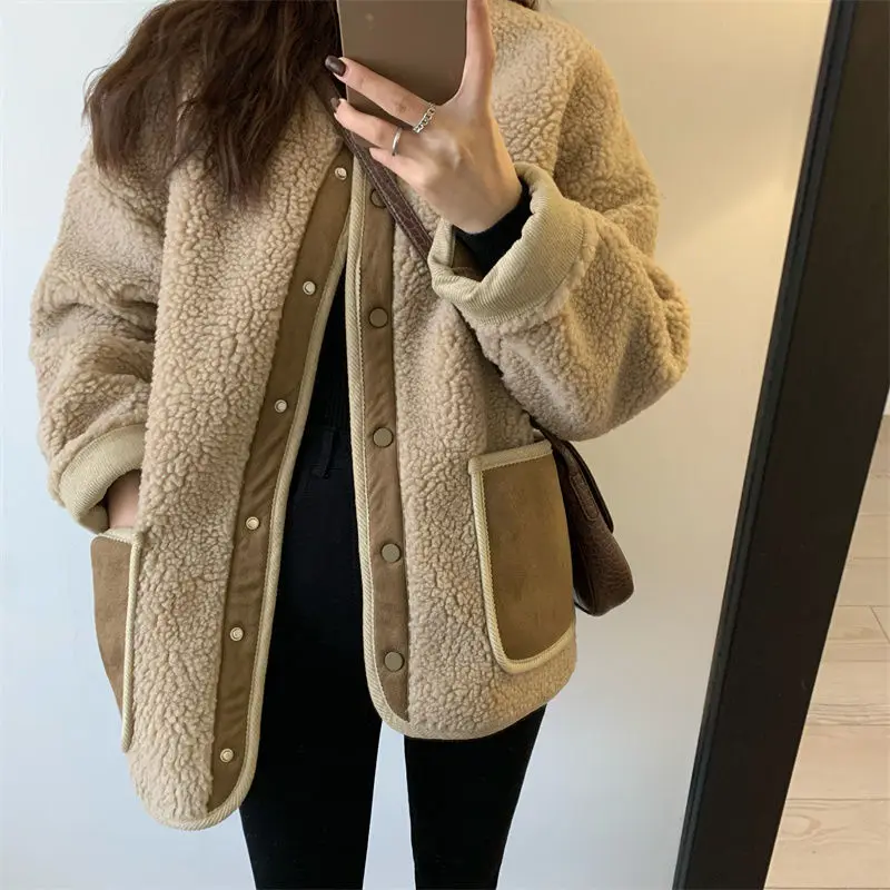 

Fall Winter Thick Warm Lamb Wool Coats Women Single Breasted Vintage Casual Fur Jackets Female Korean Fashion Plush Outerwear