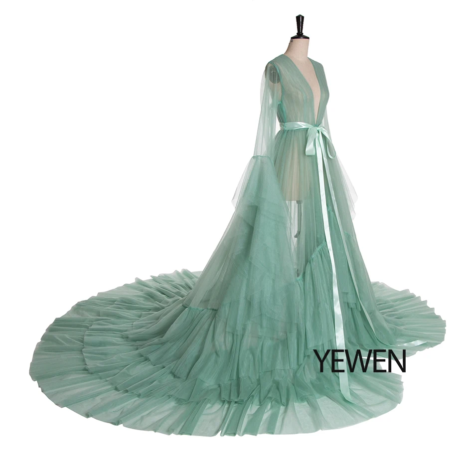 Зеленое, с длинным рукавом вечернее платье вечерние платья Robe De Soiree Формальные Выпускные платья пояс Топ вечерние платья YeWen фотография платье