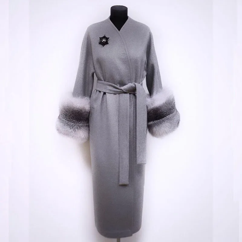 2022 New Winter Women Real Fox Fur Cashmere Coat 120cm Long Natural Whole Skin Silver Fox Fur Wool Blends Coat Fashion Overcoats enlarge