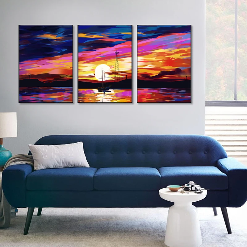 

3 Pieces Sunset Landscape Canvas Painting Natural Sea Beach Sailboat Abstract Oil Painting Wall Art Posters Nordic Home Decor