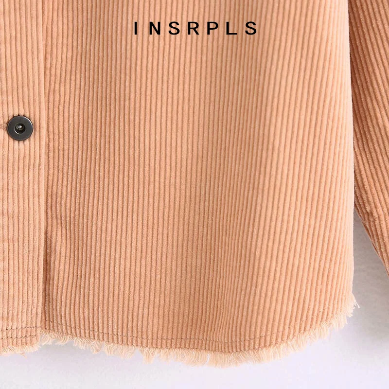

INSRPLS Women Fashion Pockets Oversized Corduroy Jacket Coat Vintage Long Sleeve Frayed Hem Female Outerwear Chic Tops