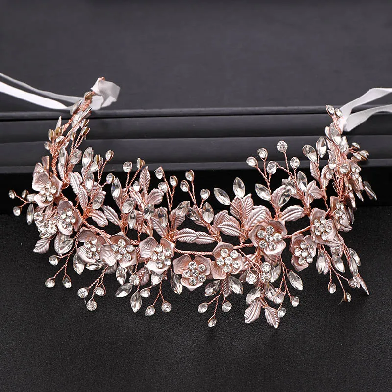 Rose gold Модная розовая Золотая Цветочная повязка на голову гребень для волос для невесты свадебные стразы аксессуары для волос ручной работы Девушка Тиара заколка серебряная с подвесом расческа - Окраска металла: Rose gold