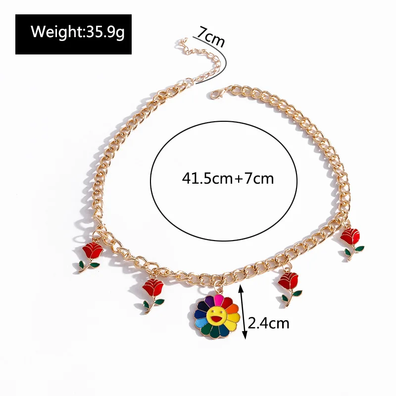 

New Lovely Colorful Sunflower Smile Face Necklace For Women Girls Rose Pendant Chunky Chain Choker Necklace Hip Hop Jewelry Gift