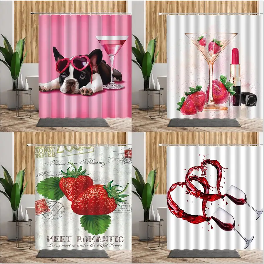 

Cute Dog Wine Cup Photo Shower Curtains For Bathroom Decors Pink Striped Background Wall Cloth With Hook Bath Curtain Waterproof