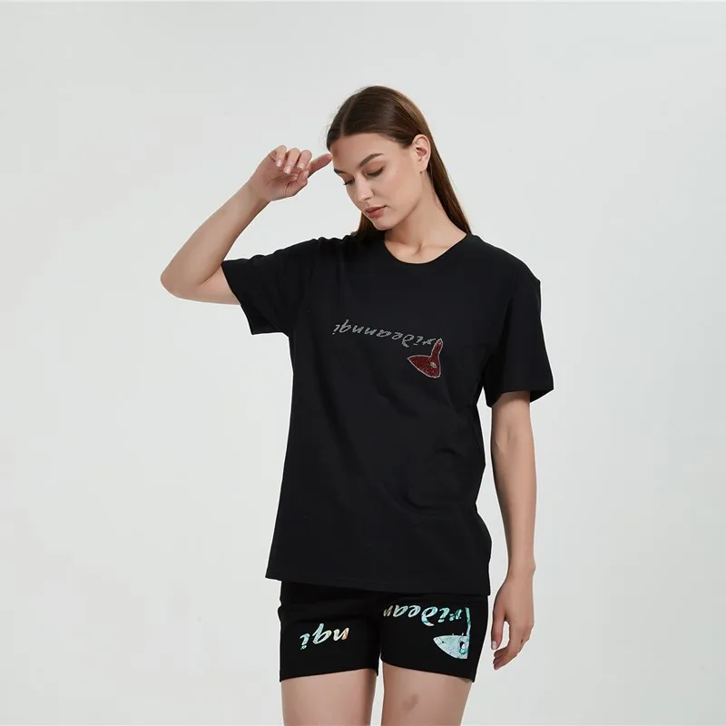 

women sexy tops Dry and Soft T-shirts 190G All Cotton round Neck Straight Summer Letters Rhinestone Short Sleeve Black shirts