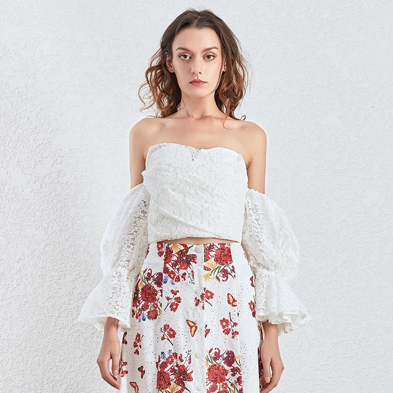 TWOTWINSTYLE Sexy Lace Women Blouses Slash Neck Off Should Flare Long Sleeve Tunic Short Shirt For Female Clothing 2020 Fashion |