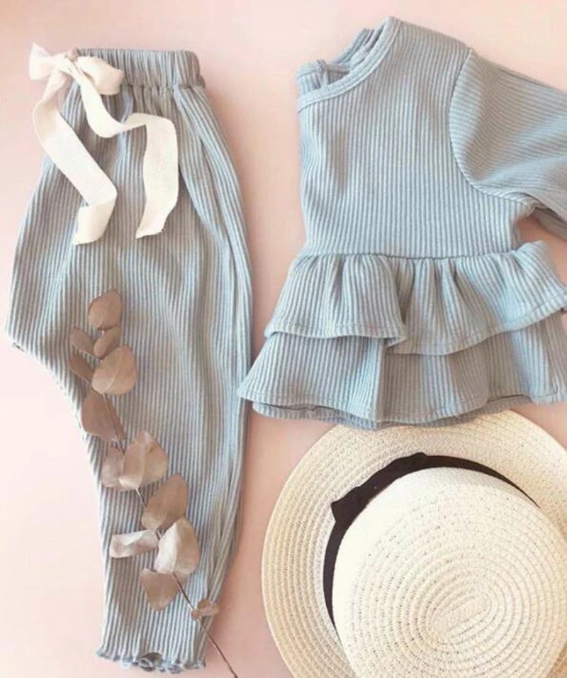 

2021 Baby Girls Clothes Spring Summer Baby Girls Clothing Set 2pcs Baby Set Cotton Knitted Lotus Leaf Lace Top + Pants Girls