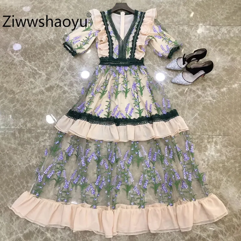 Ziwwshaoyu Подиумные дизайнерские богемные длинные платья женские пышные рукава Великолепная Цветочная вышивка сексуальные v-образным вырезом сетки Макси платья - Цвет: Многоцветный