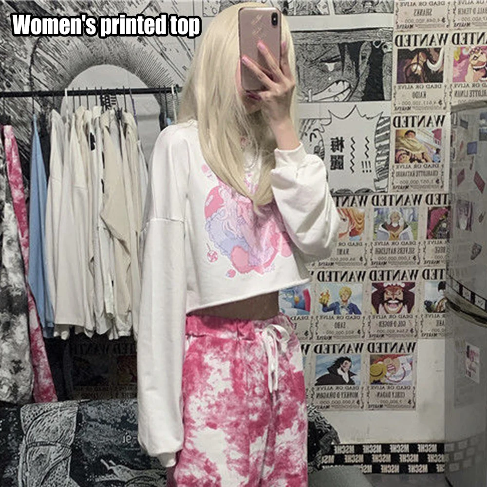 

Girl's T Shirt Long Sleeved Loose Floral Printing Short Pullover Top for Early Autumn d88