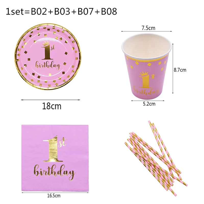 pinkT03 1st Birthday Party Supplies Pink Blue Paper Plates Cups Straws Disposable Tableware Banner Gender Reveal Baby Shower Party Decor - Цвет: pinkT03