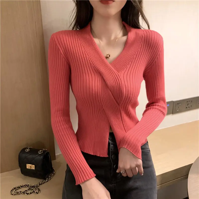 

V-neck Sweater Spring New Women's Crossover Design Sense Outer Wear Sweater Self-cultivation All-match Hedging Long-sleeved Top