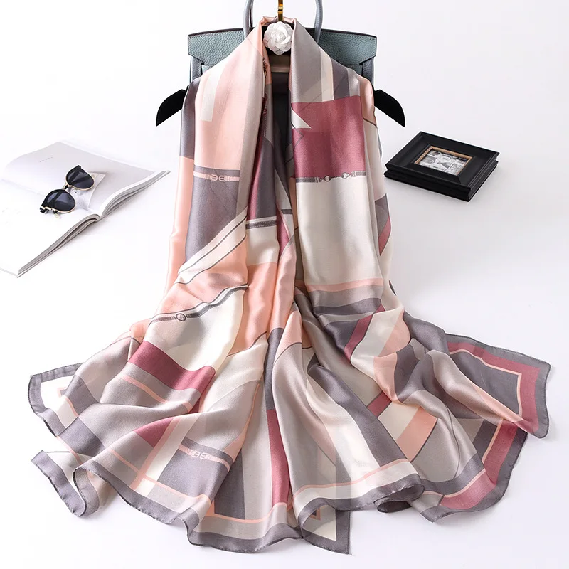 

2020 Classic women silk scarf female scarves fashion ladies beach wrap shawl Chain soft bandanna foulard muffler