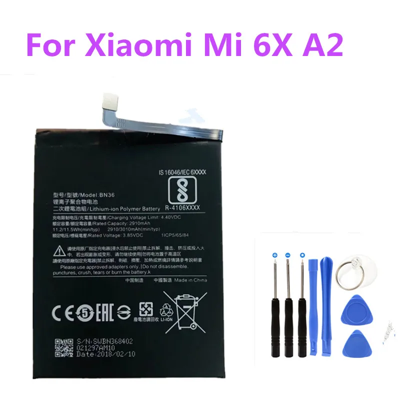 Сменная батарея для телефона BN36 2910/3010mAh встроенная батарея для Xiaomi mi 6X A2 mi 6X mi A2+ Бесплатные инструменты