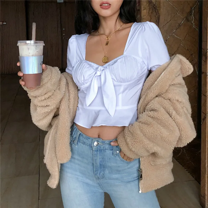 Женские повседневные Элегантные белые футболки с коротким рукавом и квадратным