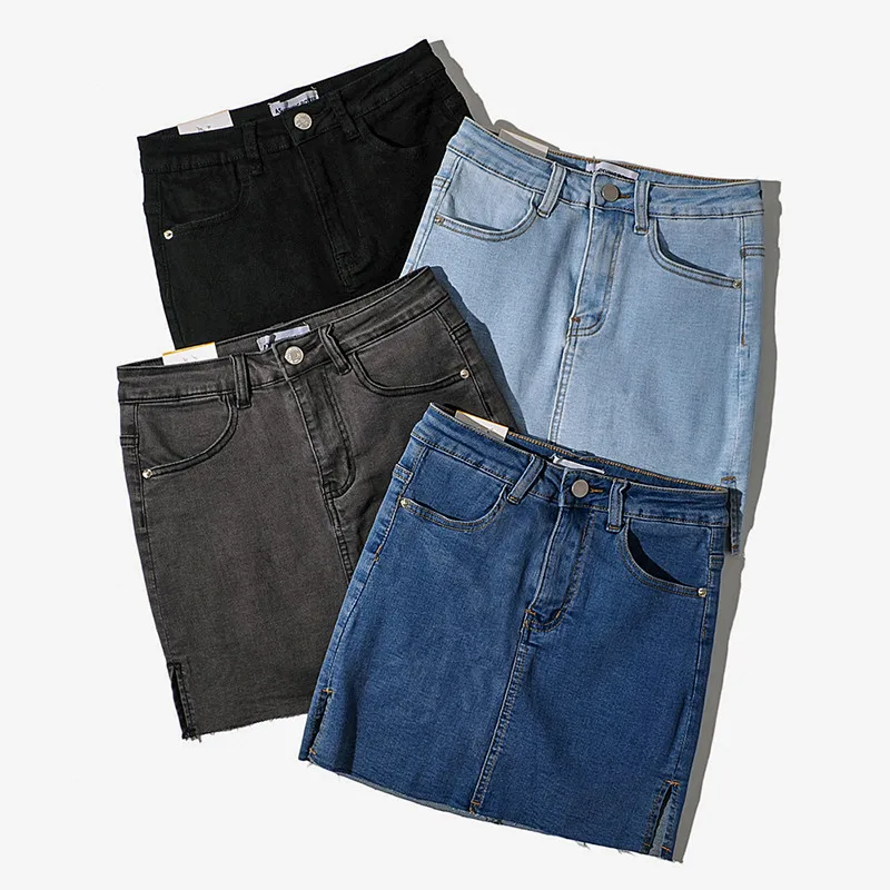 

Summer new street solid color slim high waist denim skirt women, all-match thin skinny stretch bag hip jeans skirt women