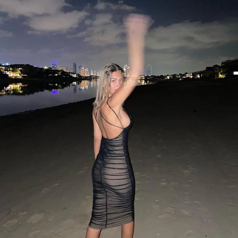 

CIBBAR Summer V Neck Beach Mesh Midi Dress Women Sexy Backless Bodycon Sleeveless Ruched Dresses Female Club Party Outfits 2021