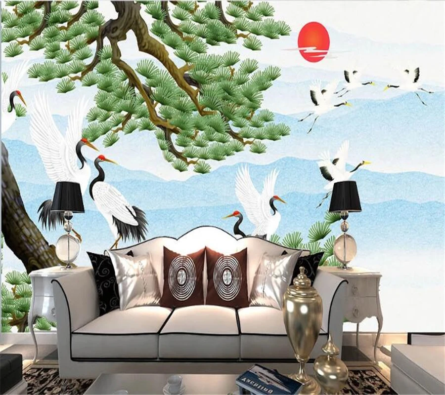 wellyu Customized large-scale mural environmental protection new Chinese style cloud in white crane TV background wallpaper |
