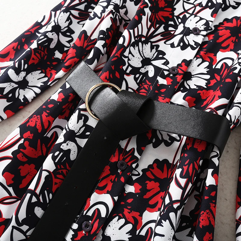 

Runway Spring New Style Women'S Fashion Sexy Elegant Retro Print Belt Slim Long Sleeve Casual Party Long Dress
