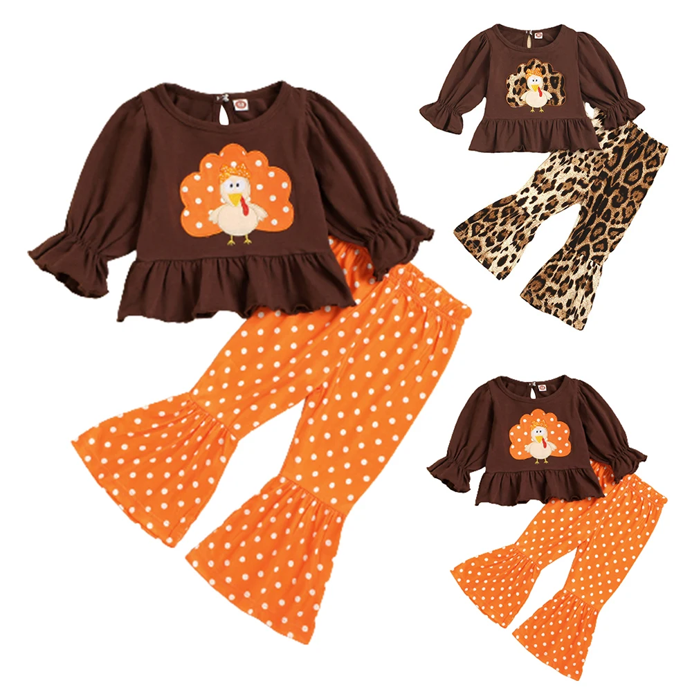 

Girls Thanksgiving Two-piece Suit Turkey Embroidered Tops Leopard Flared Pants Party Outfit