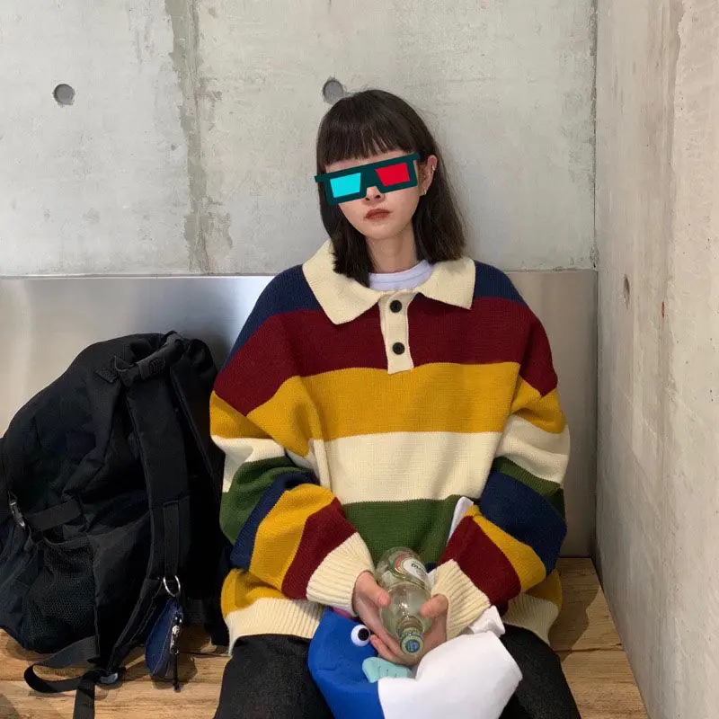 

y2k New-coming Autumn Winter female Tops women's color stripe sweatshirt Pullovers Sweaters Primer long sleeve Korean OverSize