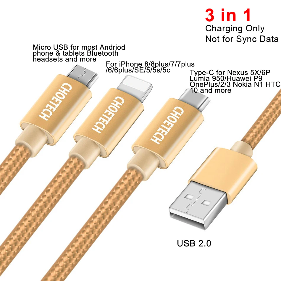 CHOETECH 3 в 1 USB кабель для мобильного телефона Micro usb type C зарядный iPhone usb-шнур |