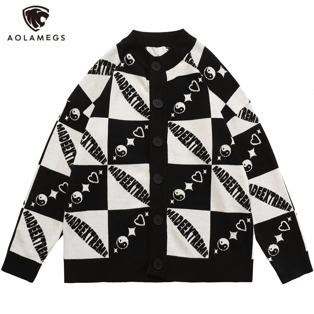 

Aolamegs Sweater Cardigan Men Cute Graphic Plaid Print Jumper High Street College Style Couple Knitted Outwear Winter Streetwear