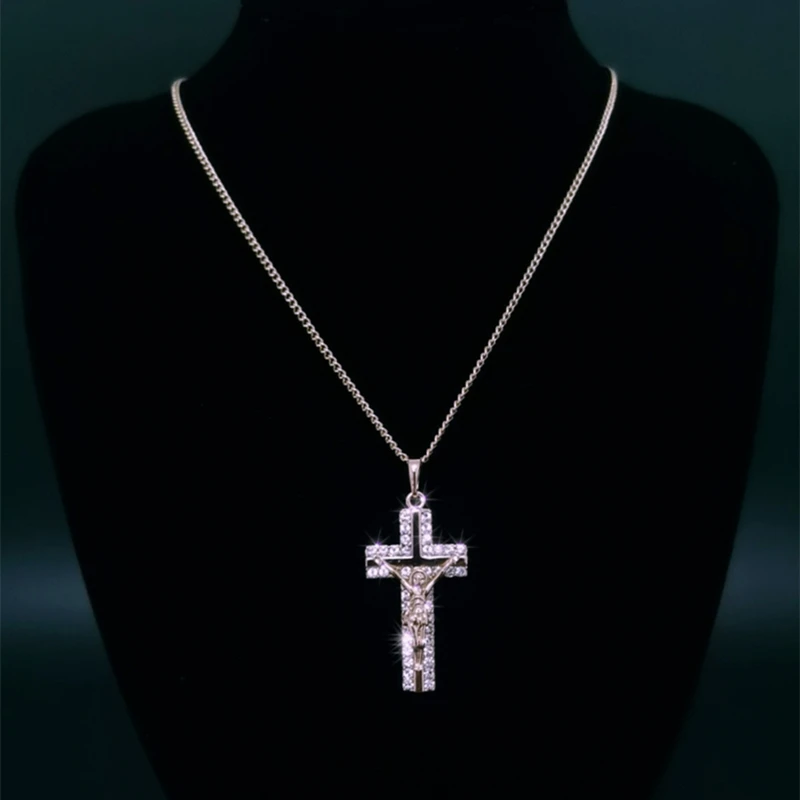 

Vintage Zirconia Gilded Jesus Cross Pendant Necklace Unisex 3D Copper Neck Chain For Priest Christian Jewelry Naszyjnik Collier