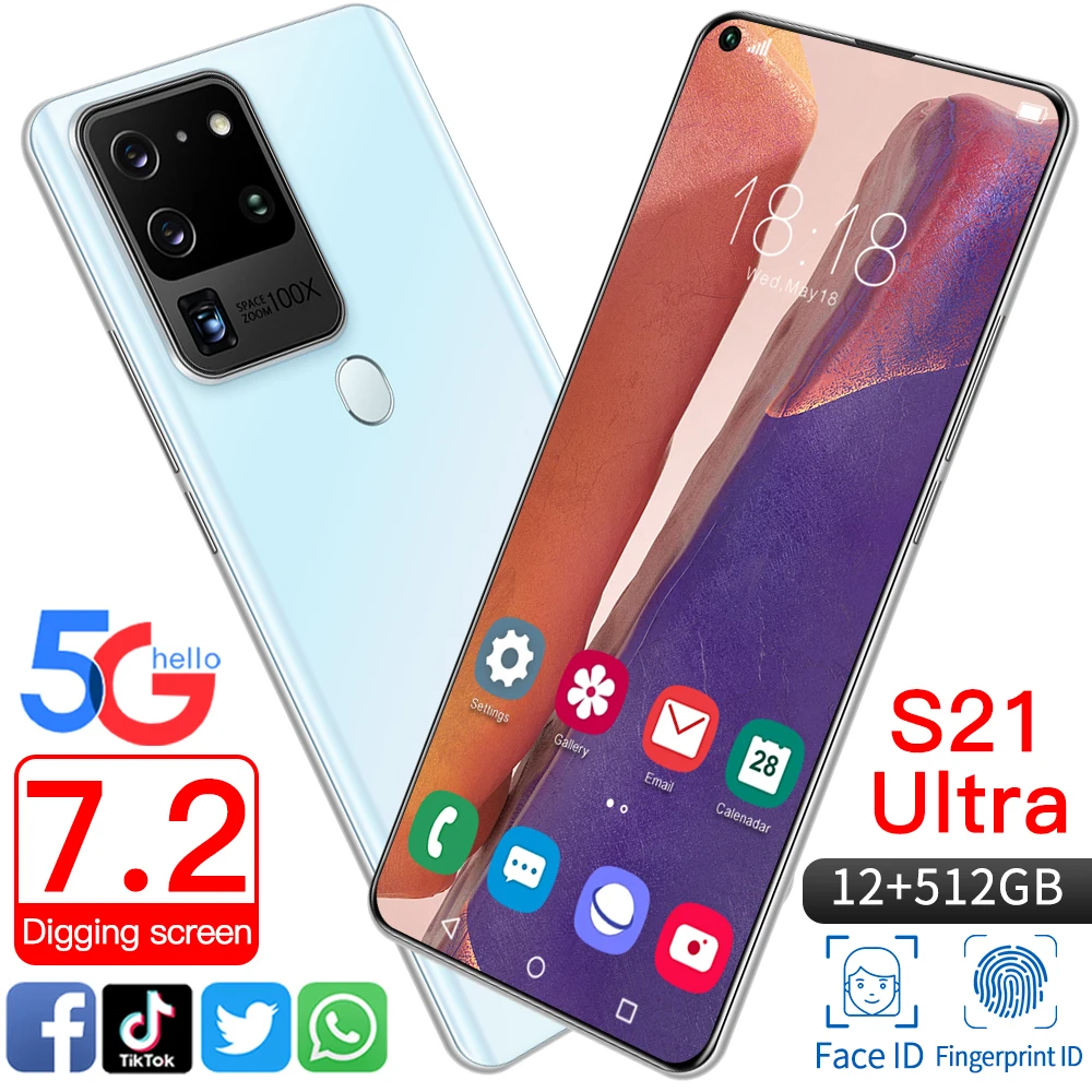 

S21 Ultra 5G 7.2Inch HD Smartphone Newest SANSUMG Android10.0 Dual SIM 5000mAh Cheap Phone Send Free Gifts Big Battery Cellphone
