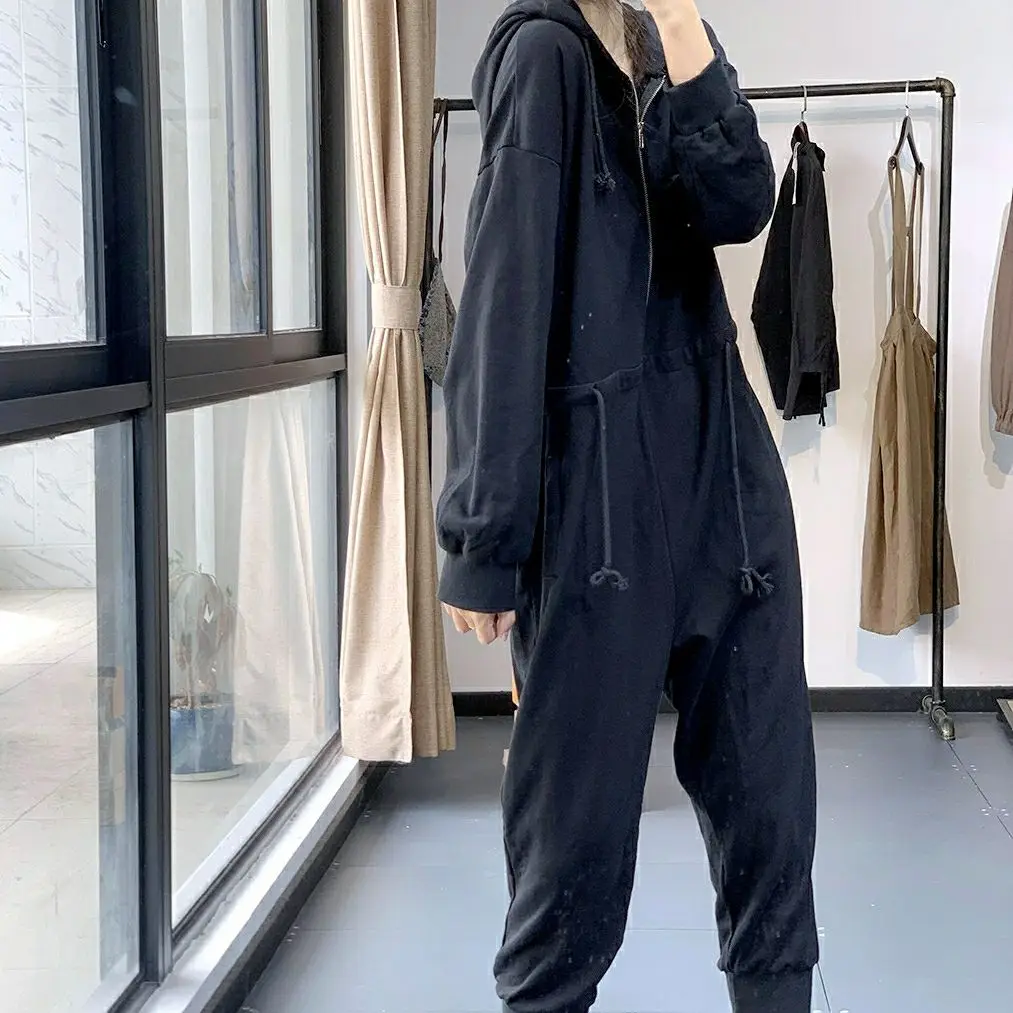 

Women Harem Jumpsuit Autumn Winter Japanese Style Loose Drawstring Long Sleeve Hooded Sweatshirt Cotton Casual Jumpsuit Women