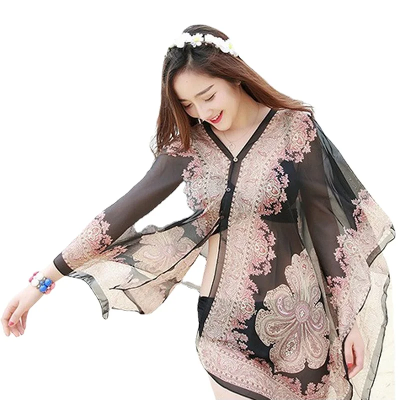 

TOKITIND new summer chiffon printed loose cardigan shawl female thin beach Scarves scarf cardigan Chiffon sexy Bikini cover up