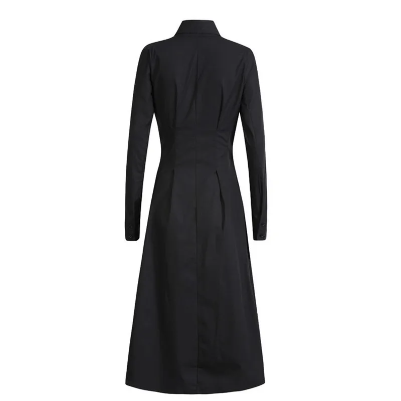 

Cotton Black White Elegant Midi Shirt Dress Womens Autumn Sundress Vintage Button Thin Vestidos Female Long Sleeve Lapel Robe