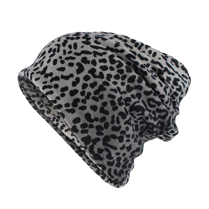 Серый Miaoxi модная женская полосатая шапка, женские шапочки Skullies, повседневный полиэстеровый Леопардовый шарф, шапка, два использованных осенне-весенних теплых шапки - Цвет: Серый