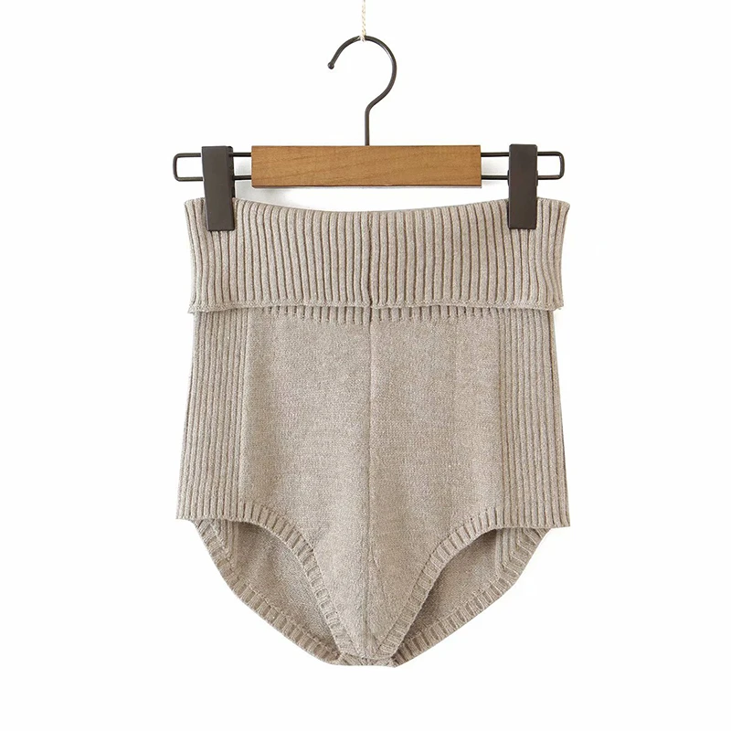 

YENKYE Vintage Solid Color Knit Shorts Women Elastic High Waist Autumn Sexy Short Femme