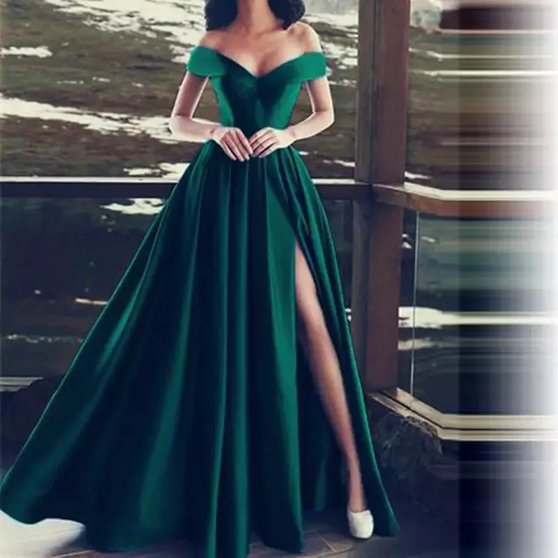 

New Evening Dresses Satin Boat Neck Long Party Side Split Robe Sexy Formal Dresses