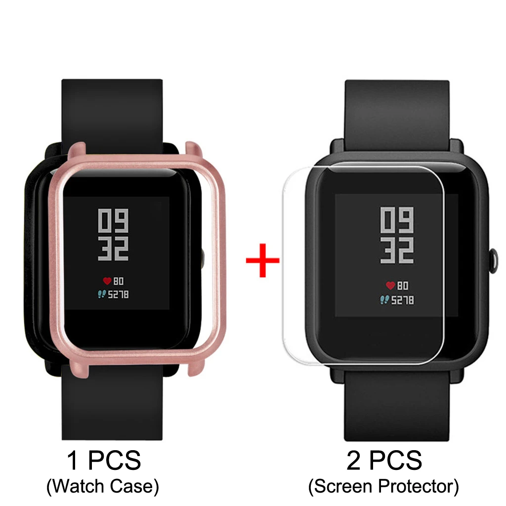 Розовый Inasmile симпатичный и милый чехол+ 2 шт протектор экрана для Huami Amazfit Bip протектор для часов пленка рамка чехол Аксессуары - Цвет: Розовый