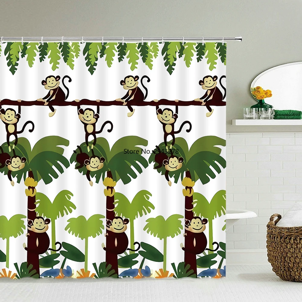 

Cartoon Animals Green Plant Shower Curtain Bathroom Waterproof Polyester Fabric Leaves 3D Printing Curtains for Bathroom Shower