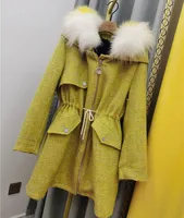 Real Lamb Fur Liner Tweed Wool Coat Parka With Natural Large Raccoon Fur Collar Women Hood Jacket Winter