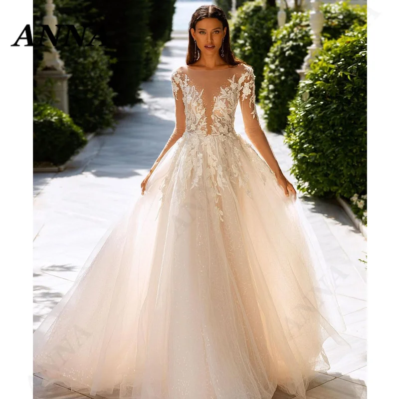 

Anna Beauty Wedding Dress 2021 Simple Long Sleeve O-Neck Tulle Beach Party Gown Boho Applique Vestido De Noiva Civil Women Skirt