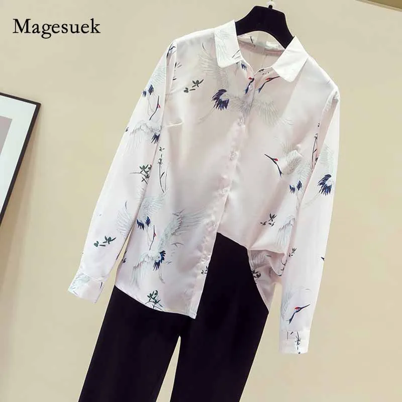 

Light Pink Silkworm Ladies Tops 2020 Autumn Long Sleeve Crane Print Chiffon Blouse Turn-down Collar Cardigan Shirt Blusas 11168