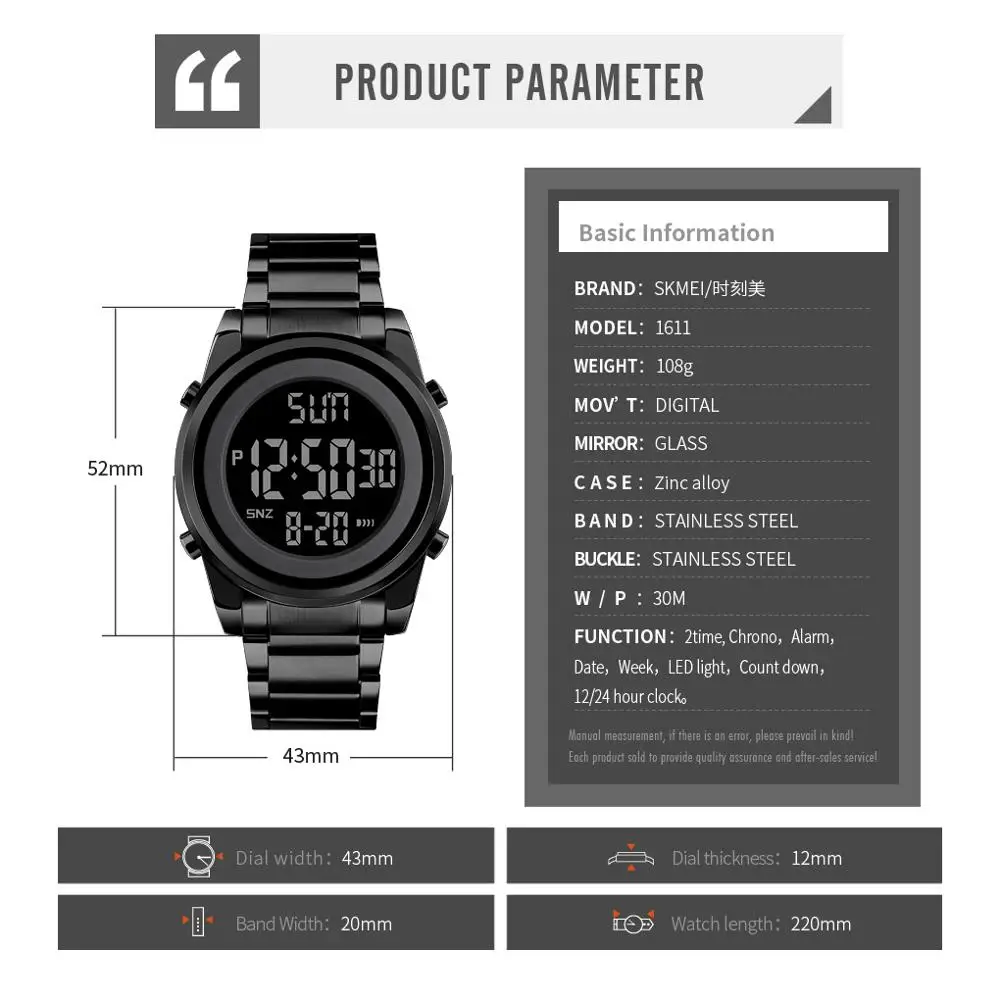 

SKMEI Digital 2 Time Mens Watches Fashion LED Men Digital Wristwatch Chrono Count Down Alarm Hour for Mens Reloj Hombre
