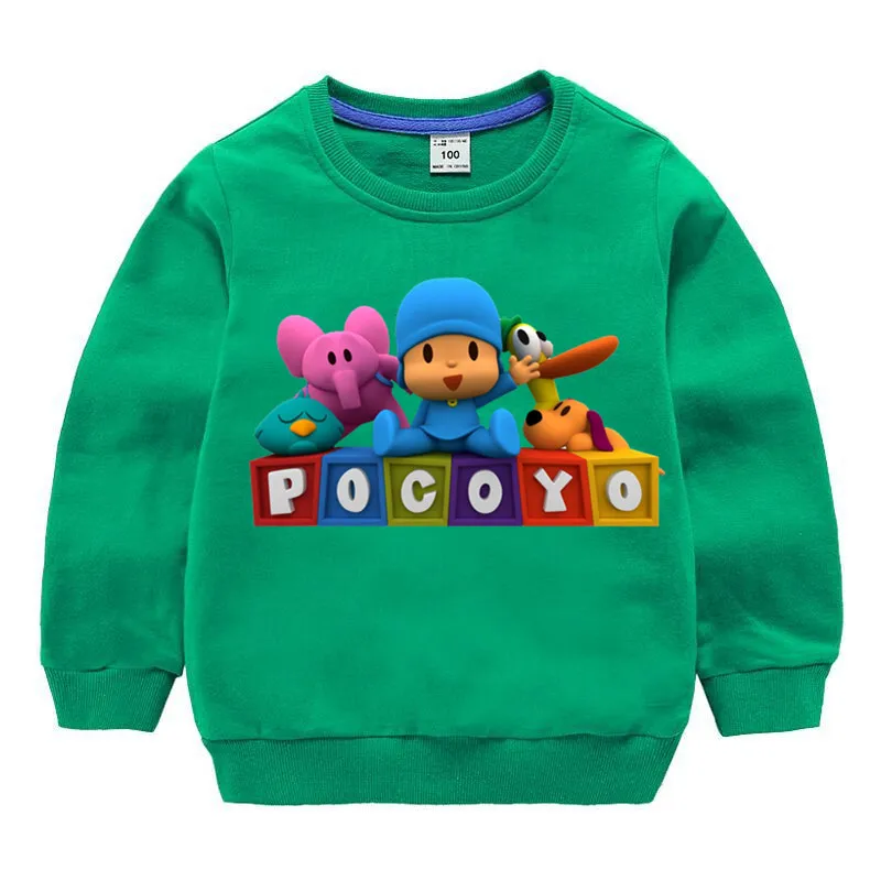 T127O-green Детские хлопковые толстовки с капюшоном с принтом Pocoyo, хлопковый пуловер для девочек, топы для маленьких мальчиков, осенняя одежда - Цвет: T127O-green