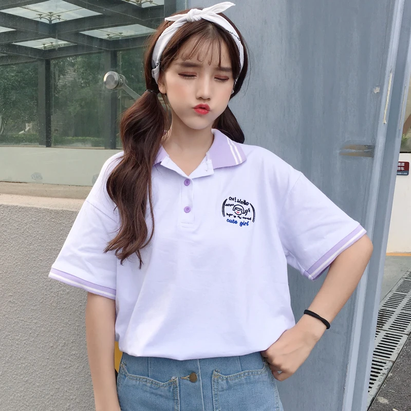 Женская хлопковая рубашка поло с короткими рукавами фиолетовая свободная туника