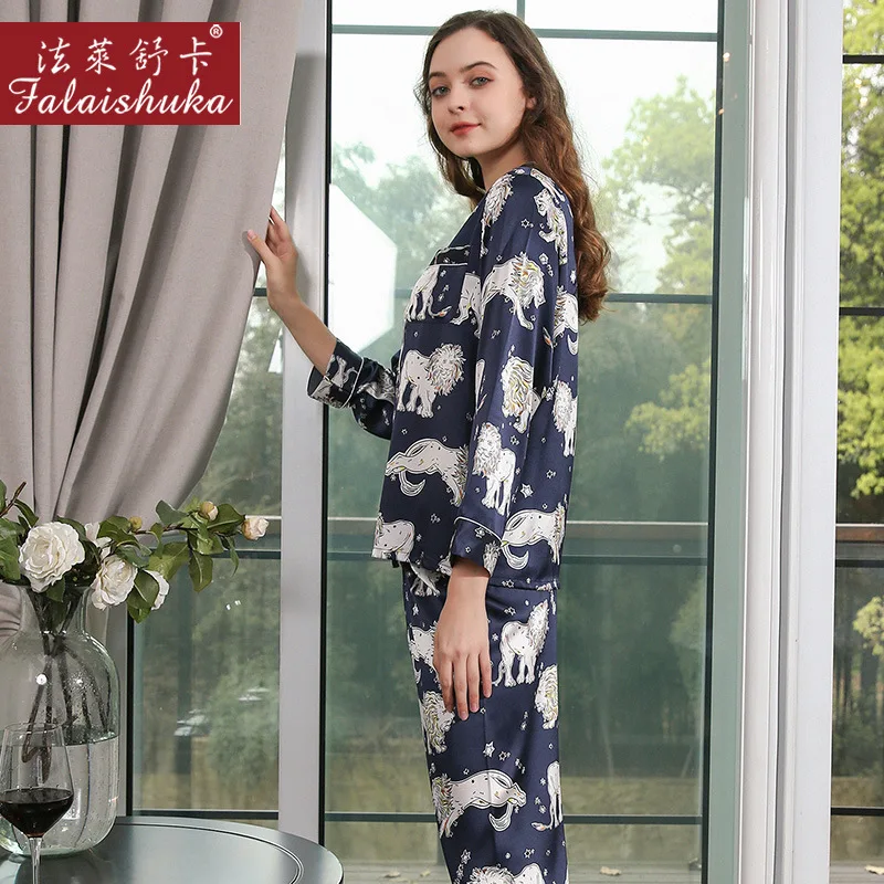 19 momme 100% genuine silk pajamas sets women sleepwear Korean Elegant black fashion lion pure silk womens pyjamas T8255