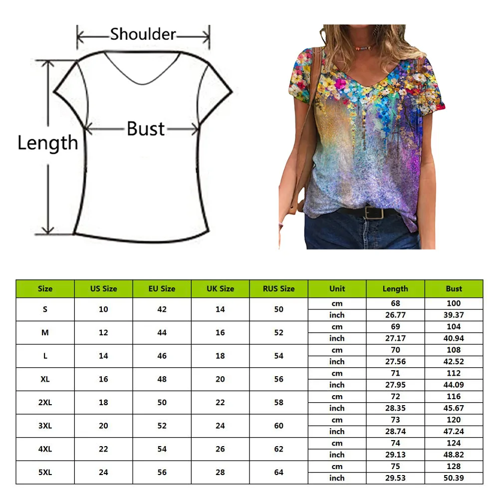 

WENYUJH Oversized Ladies Tops Women Plus Size Floral 3D Print T Shirt Loose V-Neck Short Sleeve Casual Tee Summer New Streetwear
