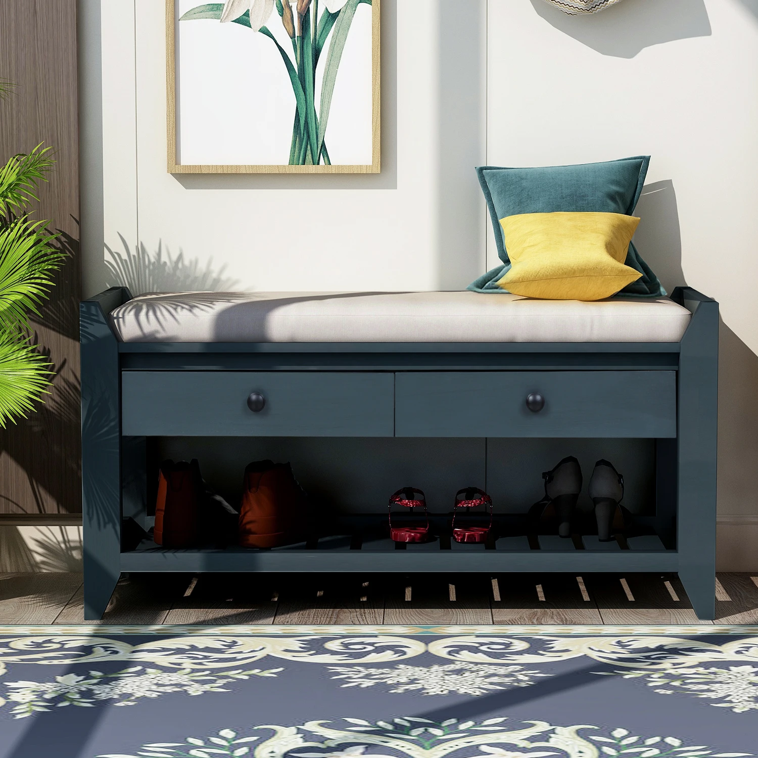 

Shoe Rack with Cushioned Seat and Drawers, Multipurpose Entryway Storage Bench, Antique Navy
