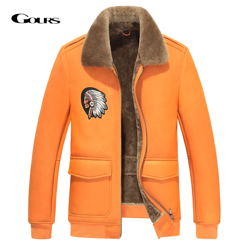 Мужская длинная куртка Gours коричневая теплая из натуральной овчины с подкладкой