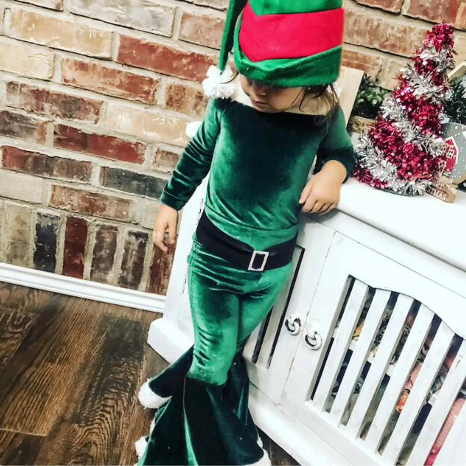 

1-7 year-old Kids Girls Christmas Cosplay Santa Claus Costume Plush Fashion Tops Flared Pants Hat Belt Outfits Girl Clothes Noel