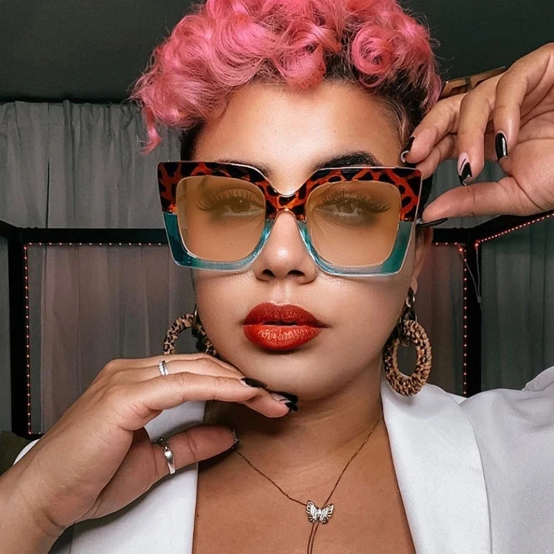 

Oversized Sunglasses Women Men Leopard Frame Vintage Retro Cateye Square Alloy Sun Glasses Female Color Clear Lens Uv400 Oculos
