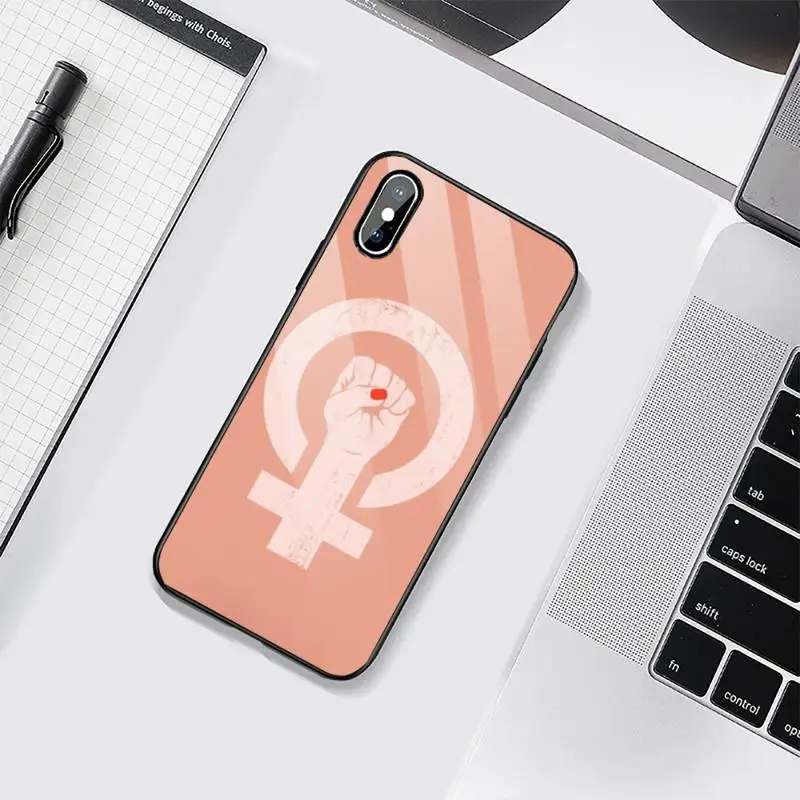 

pink Feminist fist Logo Phone Case Tempered glass For iphone 6 6S 7 8 plus X XS XR 11 12 mini PRO MAX